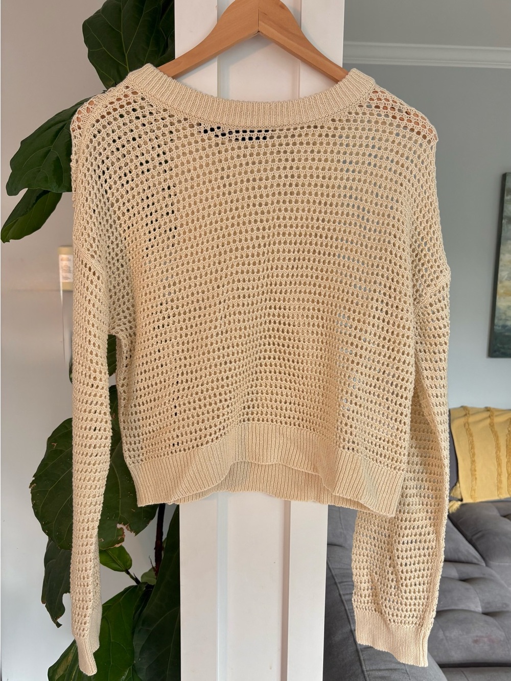 Vero Moda Cream Open-Knit Crewneck Cover Up See Through Crochet Sweater